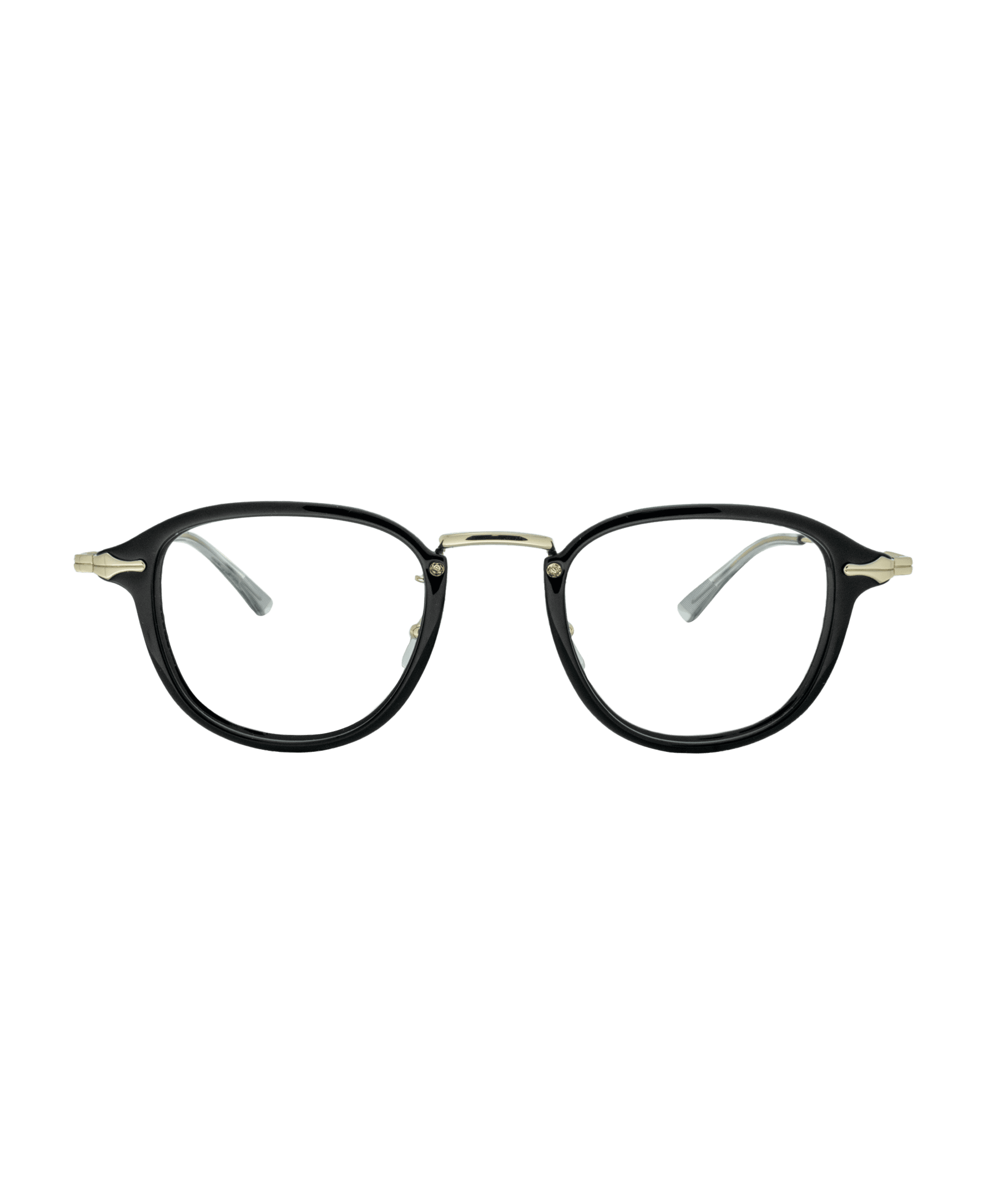 A pair of round black eyeglasses with clear lenses, gold accents on the temples and bridge, shown on a plain white background.