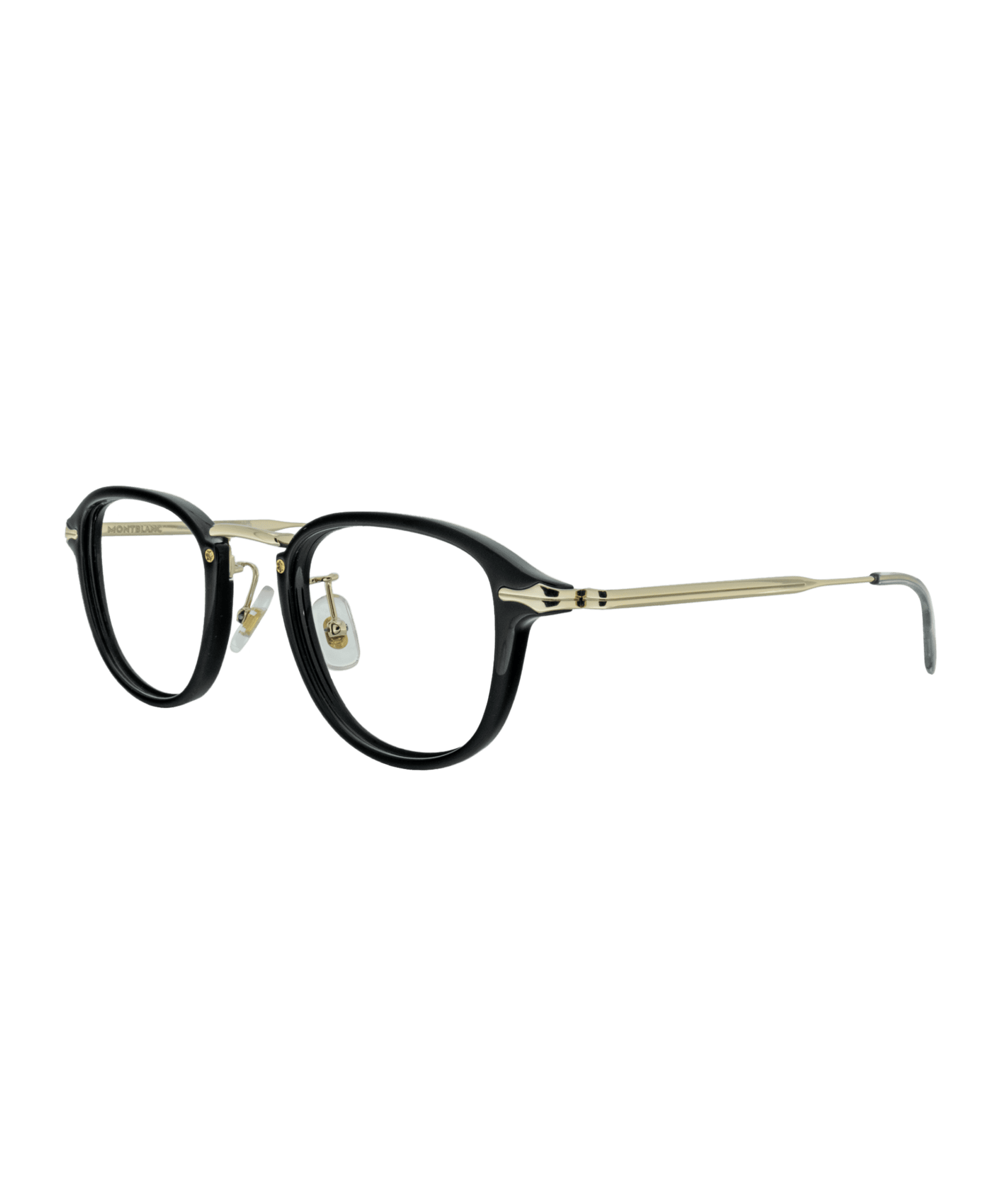 With its elegant and timeless design, this model stands out with a rounded shape that softens facial features. The rich combination of black acetate with a gold bridge and temples creates a look that is simple yet sophisticated. Nose pads provide comfortable, secure wear for everyday use.