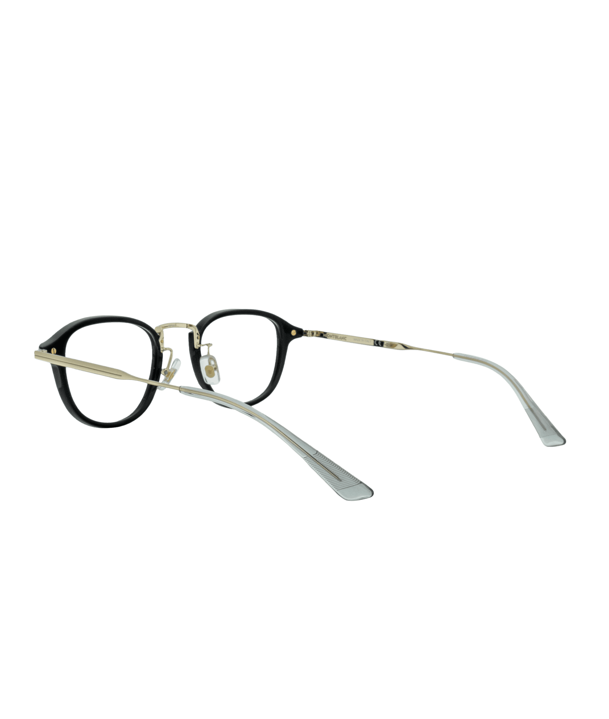 A pair of eyeglasses with black rims, clear nose pads, gold metal bridge and temples, and clear plastic temple tips, displayed on a white background.