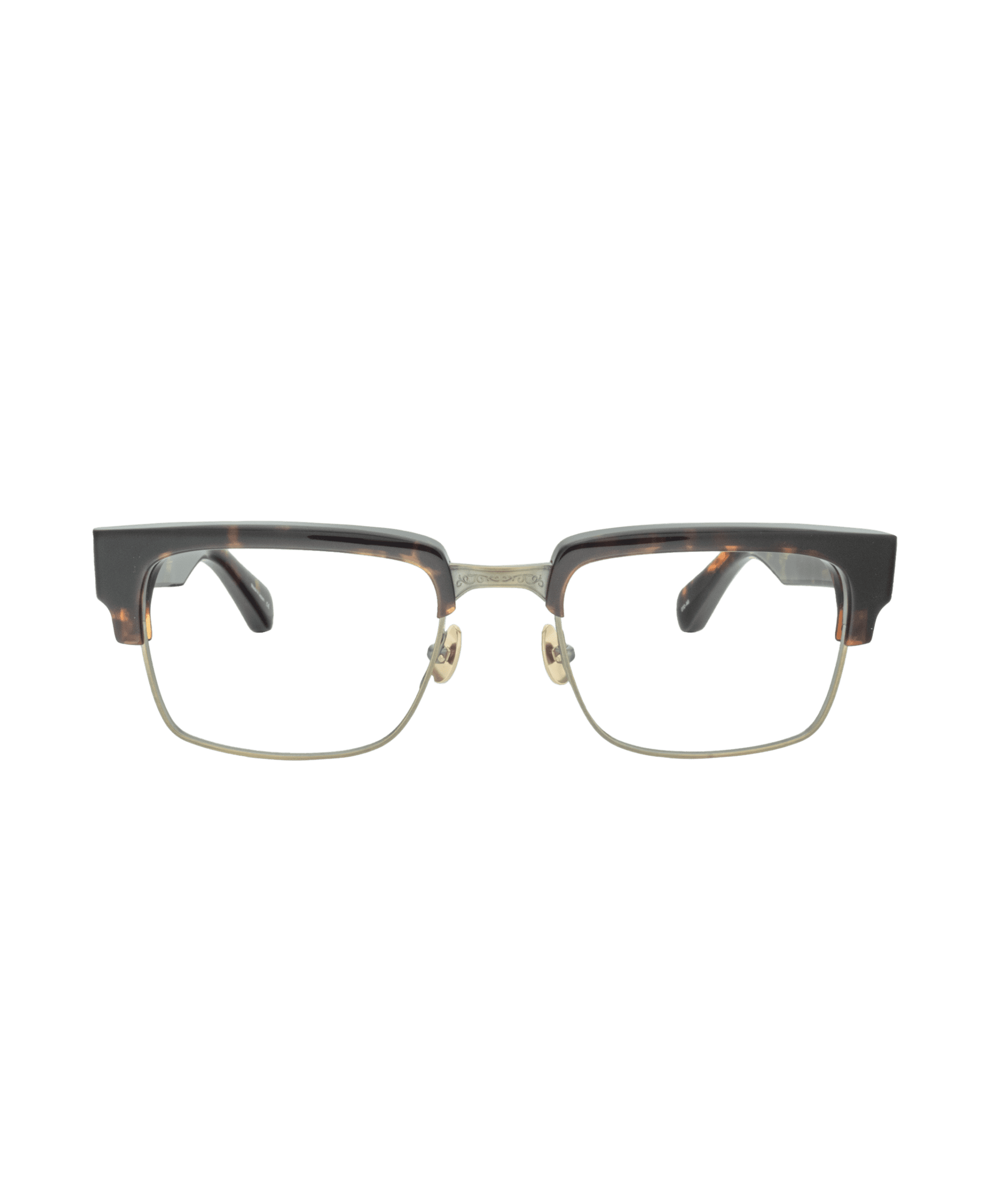 A pair of rectangular eyeglasses with a dark upper frame, gold metal lower frame, and clear nose pads, displayed on a white background.