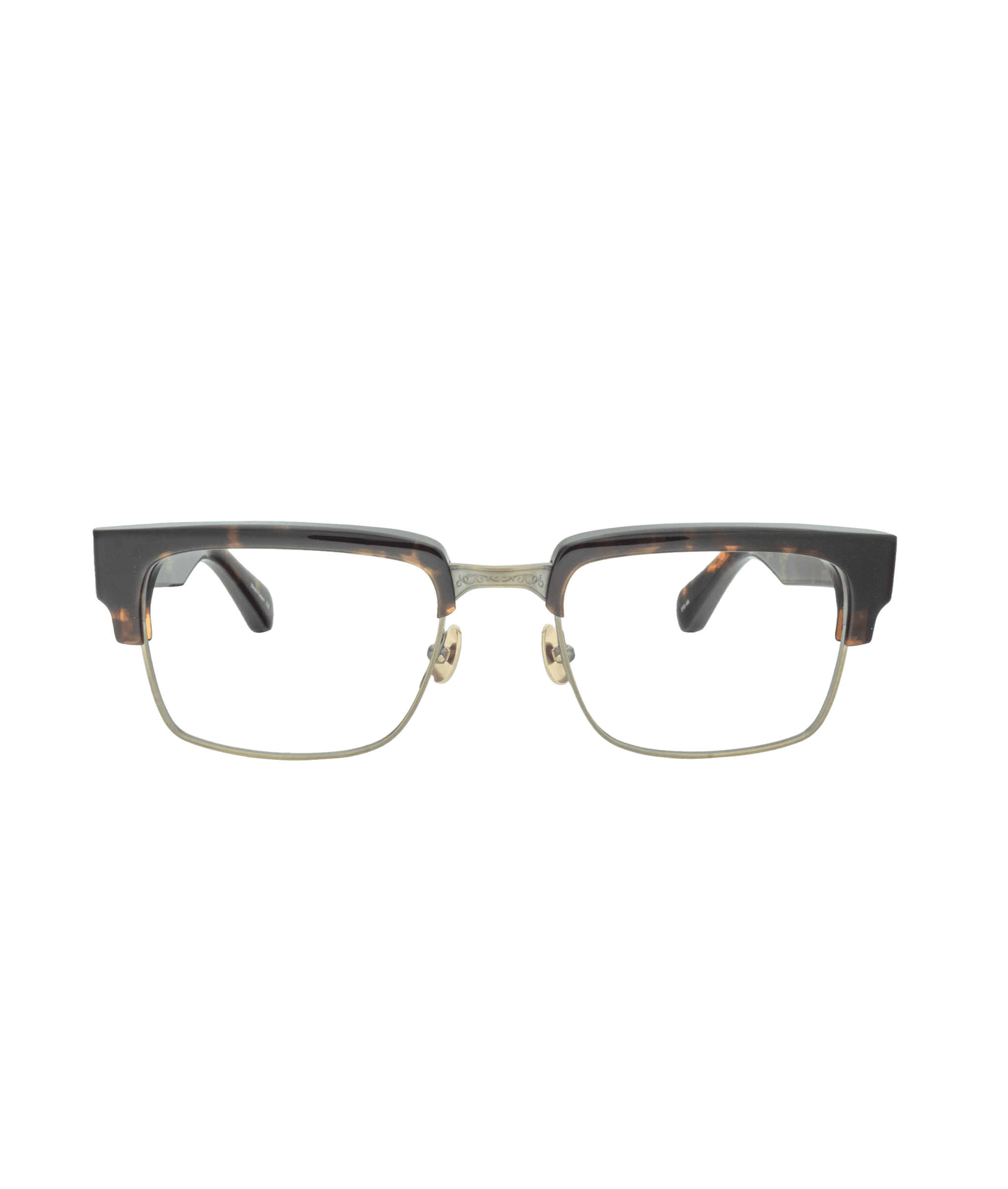 A pair of rectangular eyeglasses with a dark upper frame, gold metal lower frame, and clear nose pads, displayed on a white background.