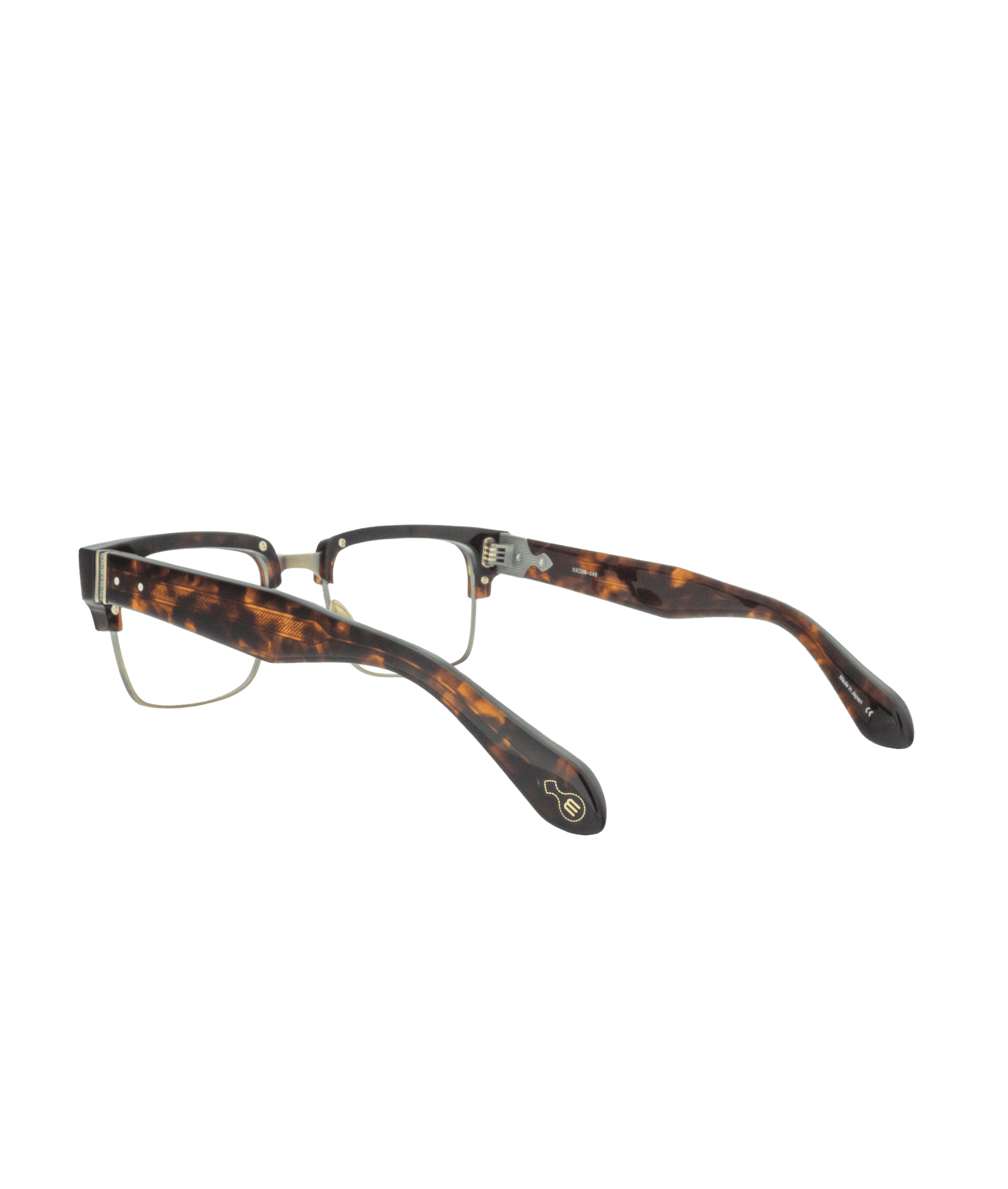 A pair of semi-rimless eyeglasses with gold metal frames and thick, brown tortoiseshell-patterned arms, positioned on a white background.