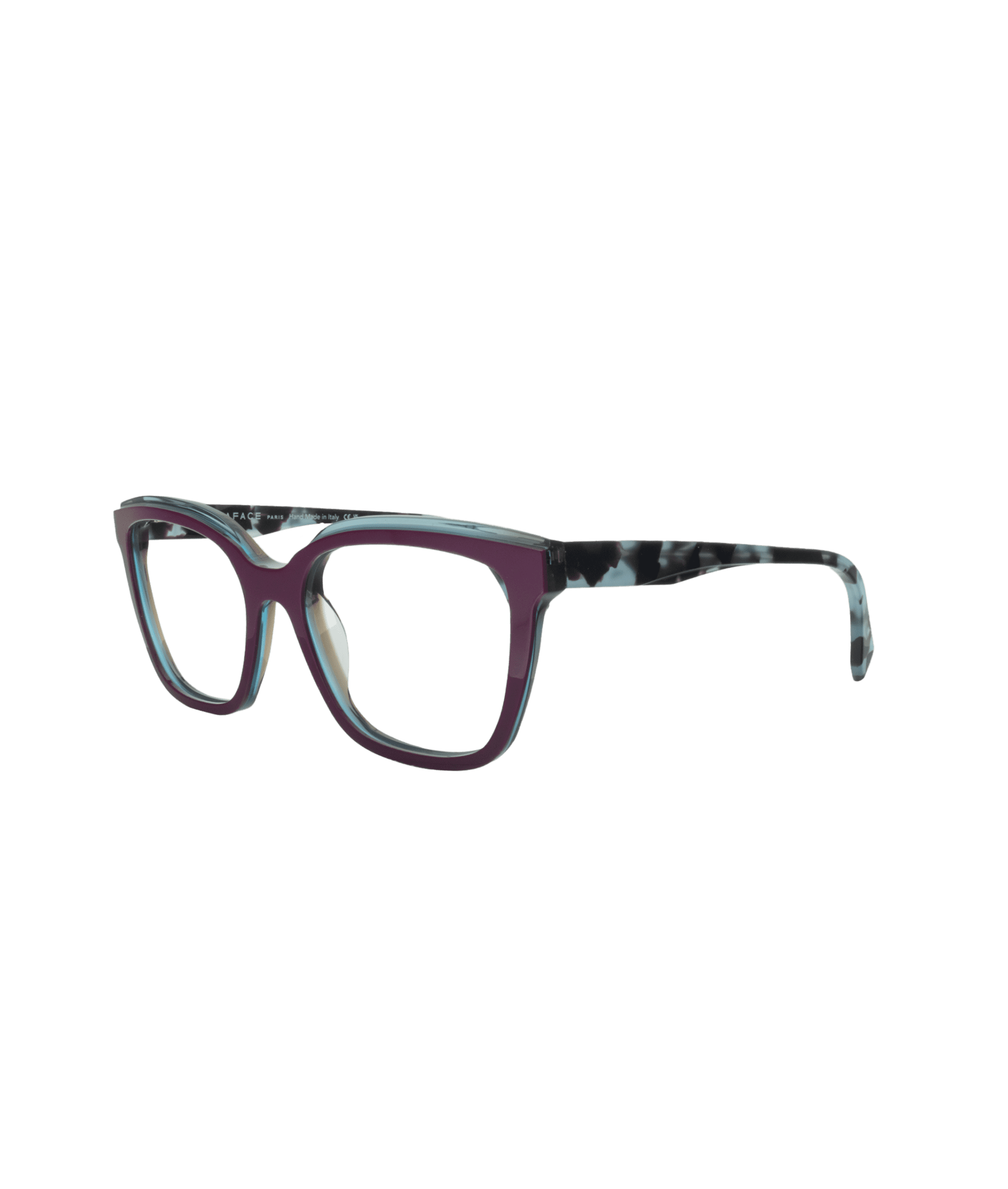 Unique et résolument artistique, cette monture joue avec des couleurs en superposition : un mauve profond suivi d’un bleu clair transparent pour un effet de profondeur captivant. Ses branches revisitent le tortoise classique avec une touche moderne, en version bleutée plutôt que brune. Une monture audacieuse qui allie créativité et élégance contemporaine.