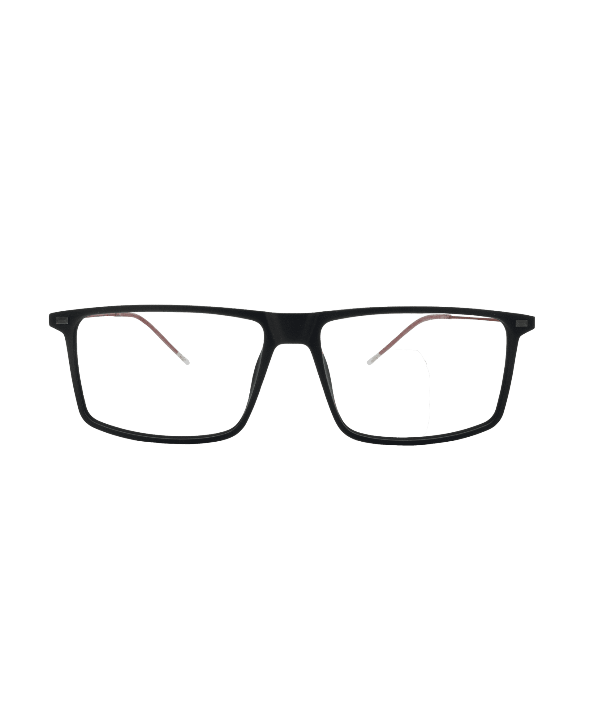 A pair of black rectangular eyeglasses with clear lenses, shown against a plain white background. The temples are slightly visible, with a hint of red on the inside.