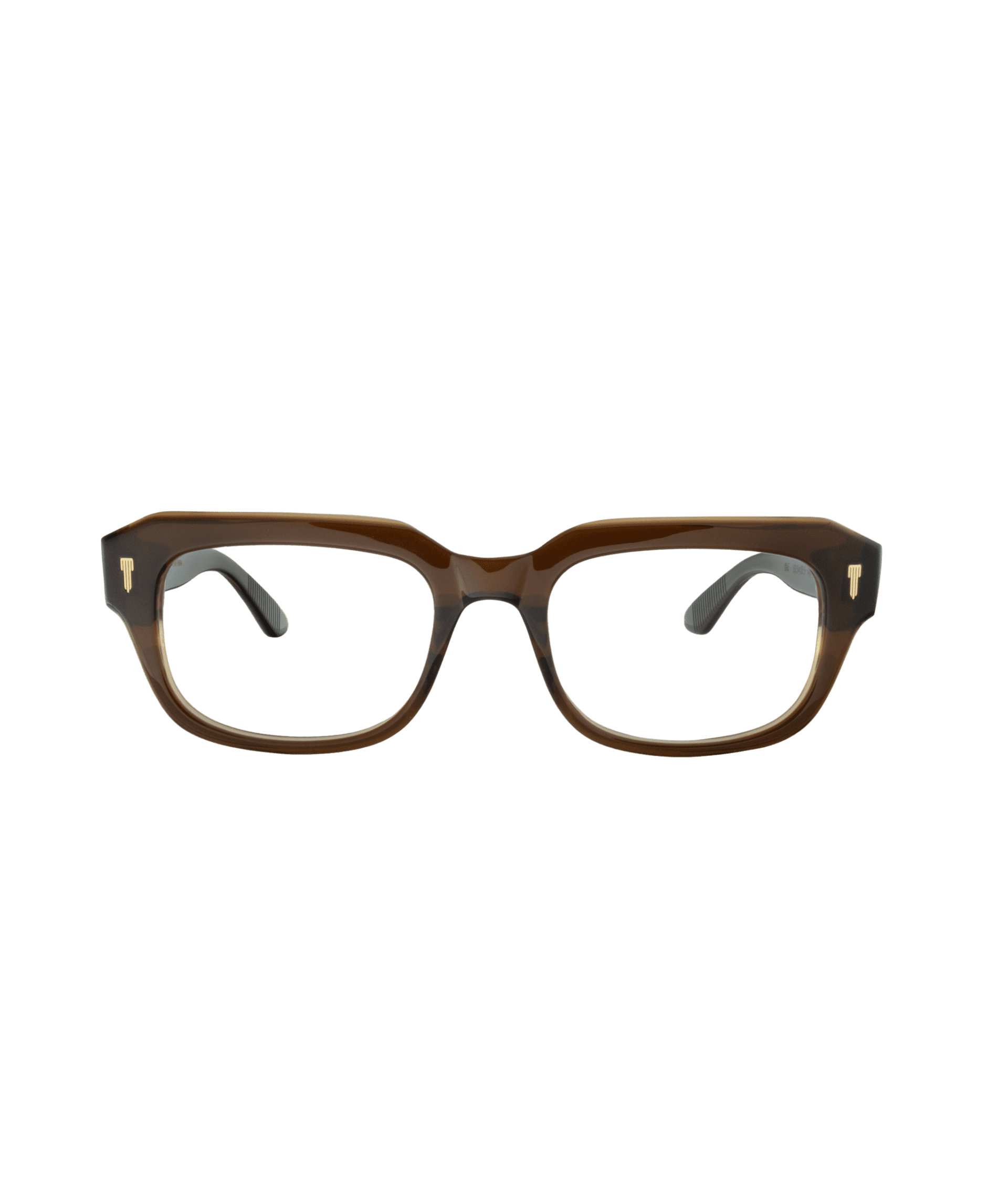 A pair of rectangular brown eyeglasses with thick frames, shown from the front against a plain white background.