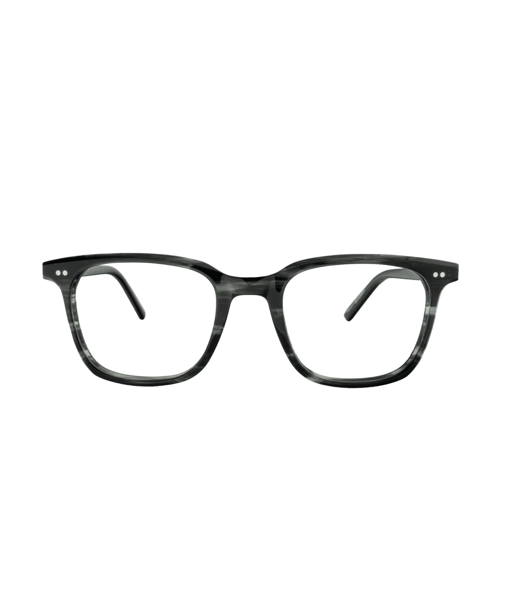 Black and gray marbled rectangular eyeglasses with clear lenses, two small silver dots on each upper corner of the frames, displayed on a plain white background.
