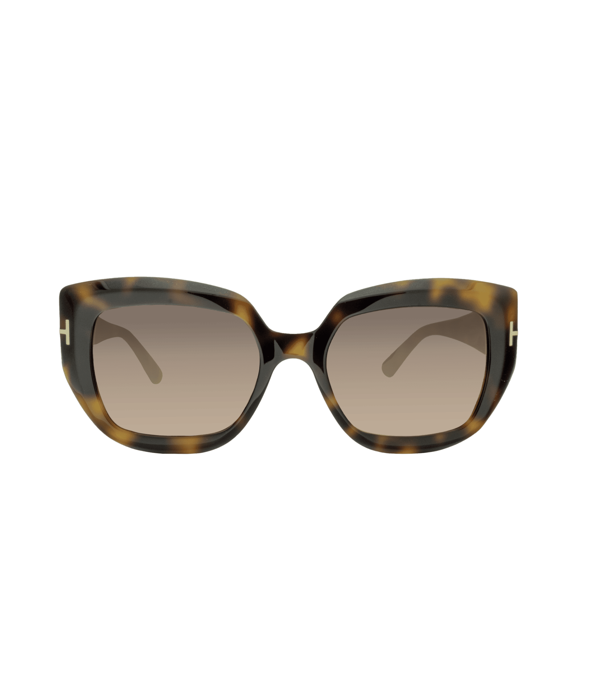 Tortoiseshell cat-eye sunglasses with brown gradient lenses and gold T accents on the frame temples, displayed on a white background.