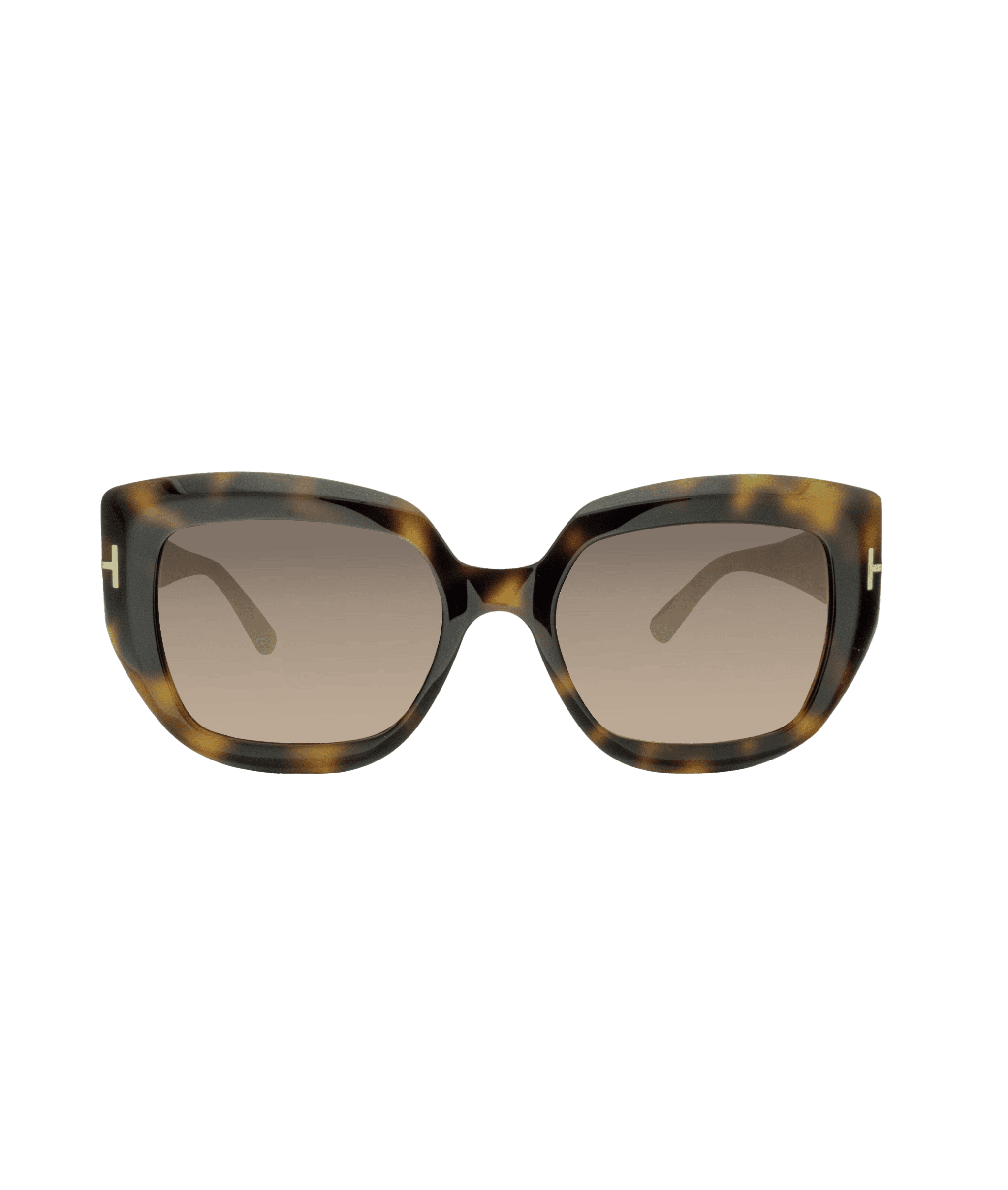 Tortoiseshell cat-eye sunglasses with brown gradient lenses and gold T accents on the frame temples, displayed on a white background.