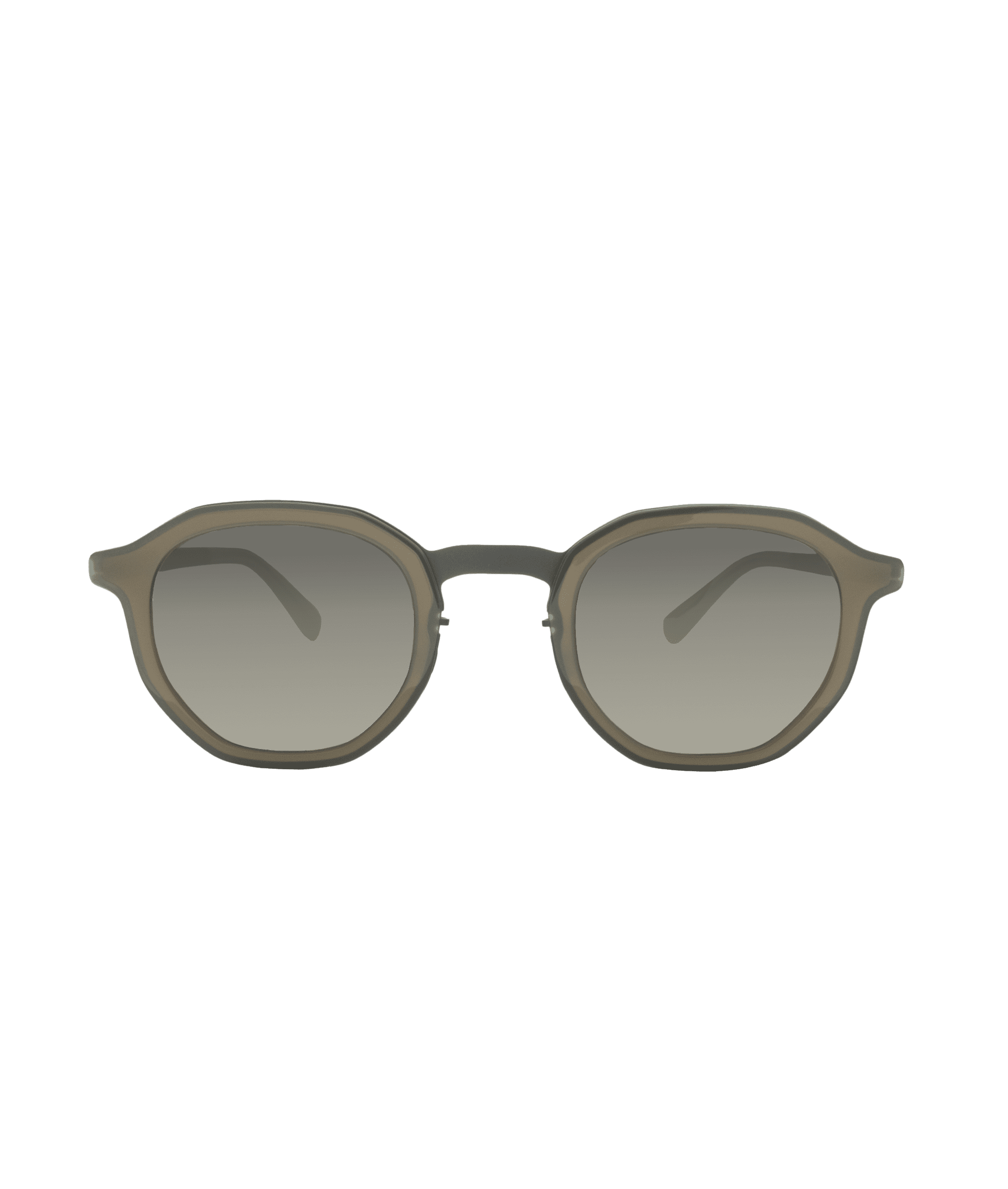 Front view of a pair of sunglasses with round, brown translucent frames and dark gradient lenses, set against a plain white background.