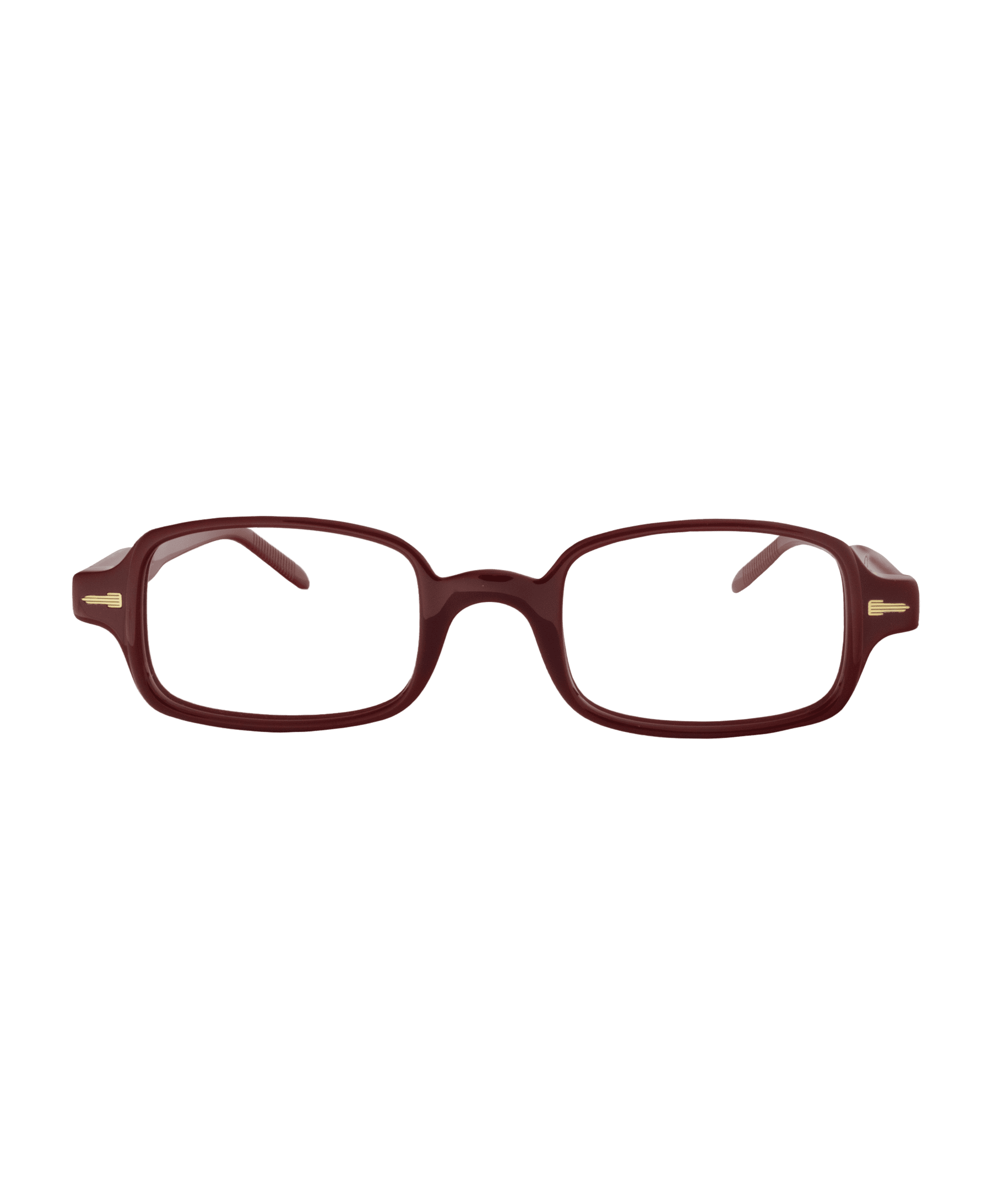 A pair of rectangular maroon eyeglasses with thick frames and slightly curved arms, displayed on a plain white background.