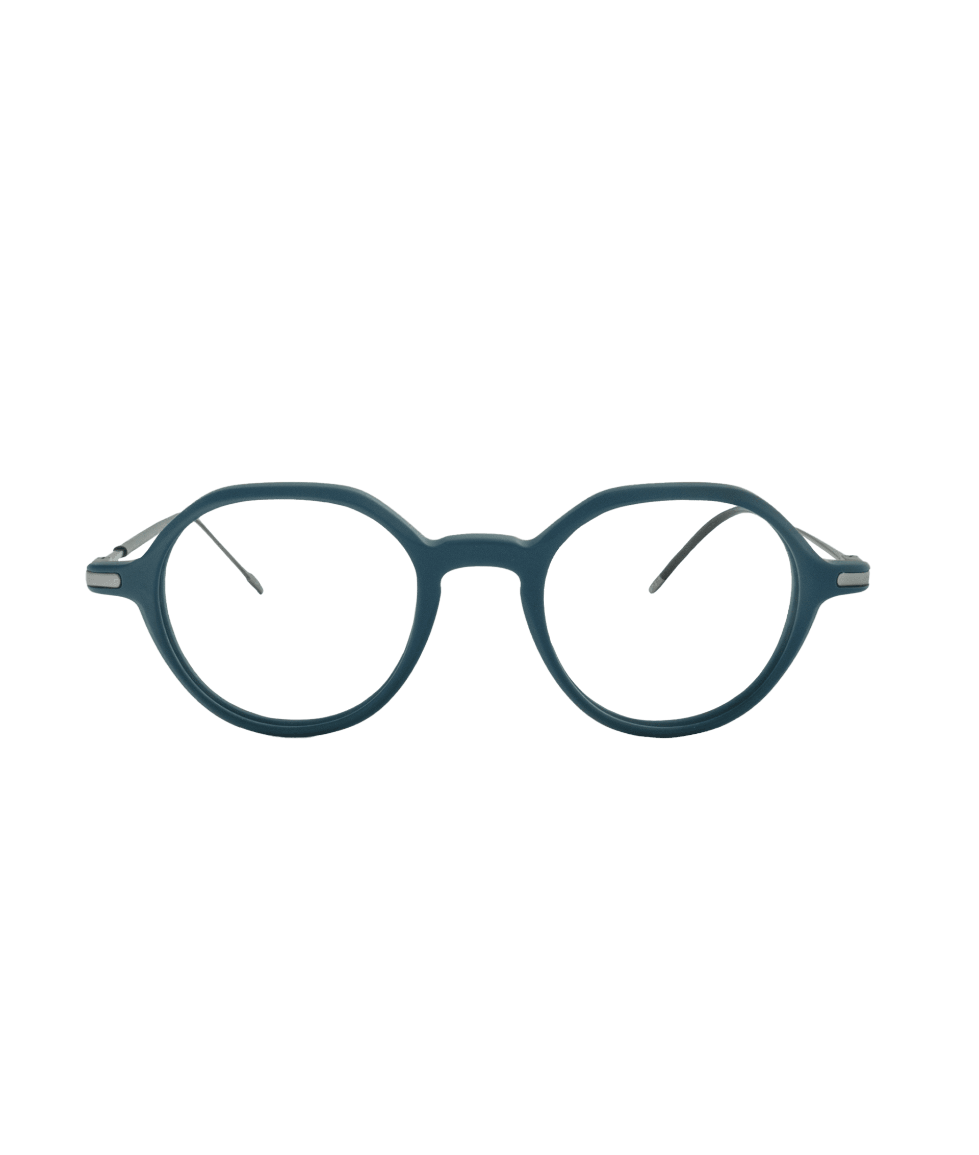 Round teal eyeglasses with thin frames and clear lenses, displayed on a plain white background.