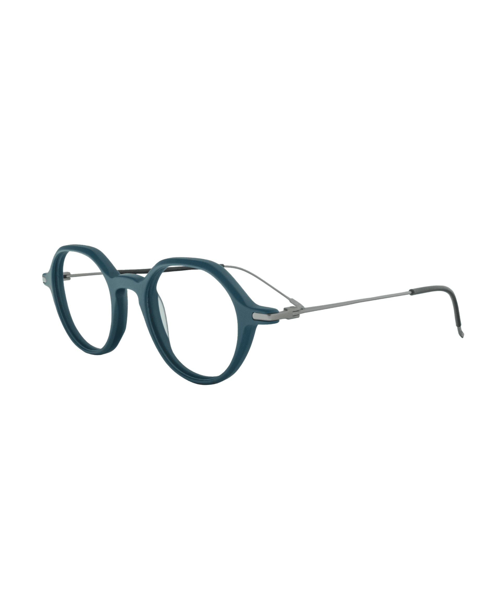 Inspired by the architecture of Amsterdam, it features a small round shape with a delicate design, enhanced by a fresh and original turquoise hue. The titanium temples ensure both lightness and durability, resulting in a look that is modern, graphic, and comfortable for everyday wear.