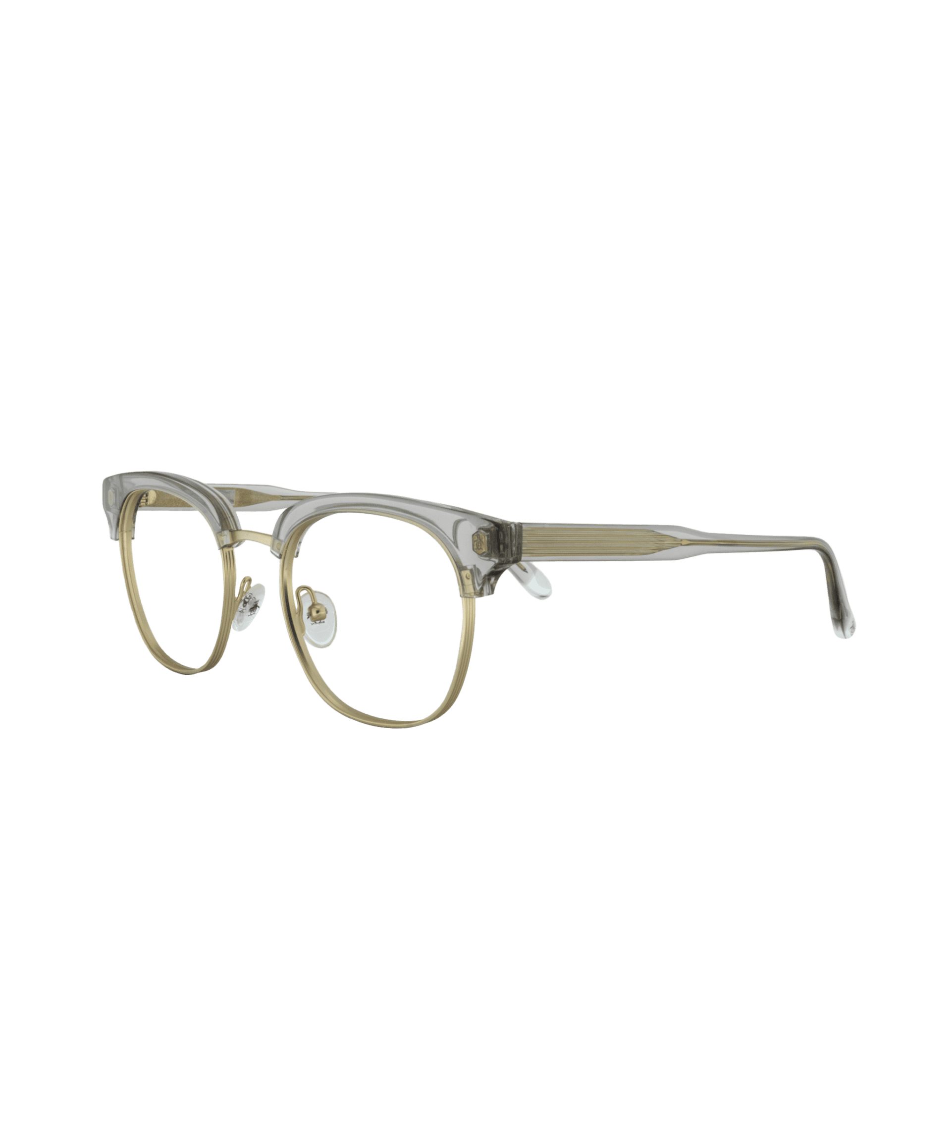 Discreet and elegant, it plays with the transparency of a slightly grey-tinted plastic to create a light and modern effect. The gold rim adds a subtle sheen that enhances the overall design with refinement. Perfect for a clean, bright, and sophisticated everyday look.
