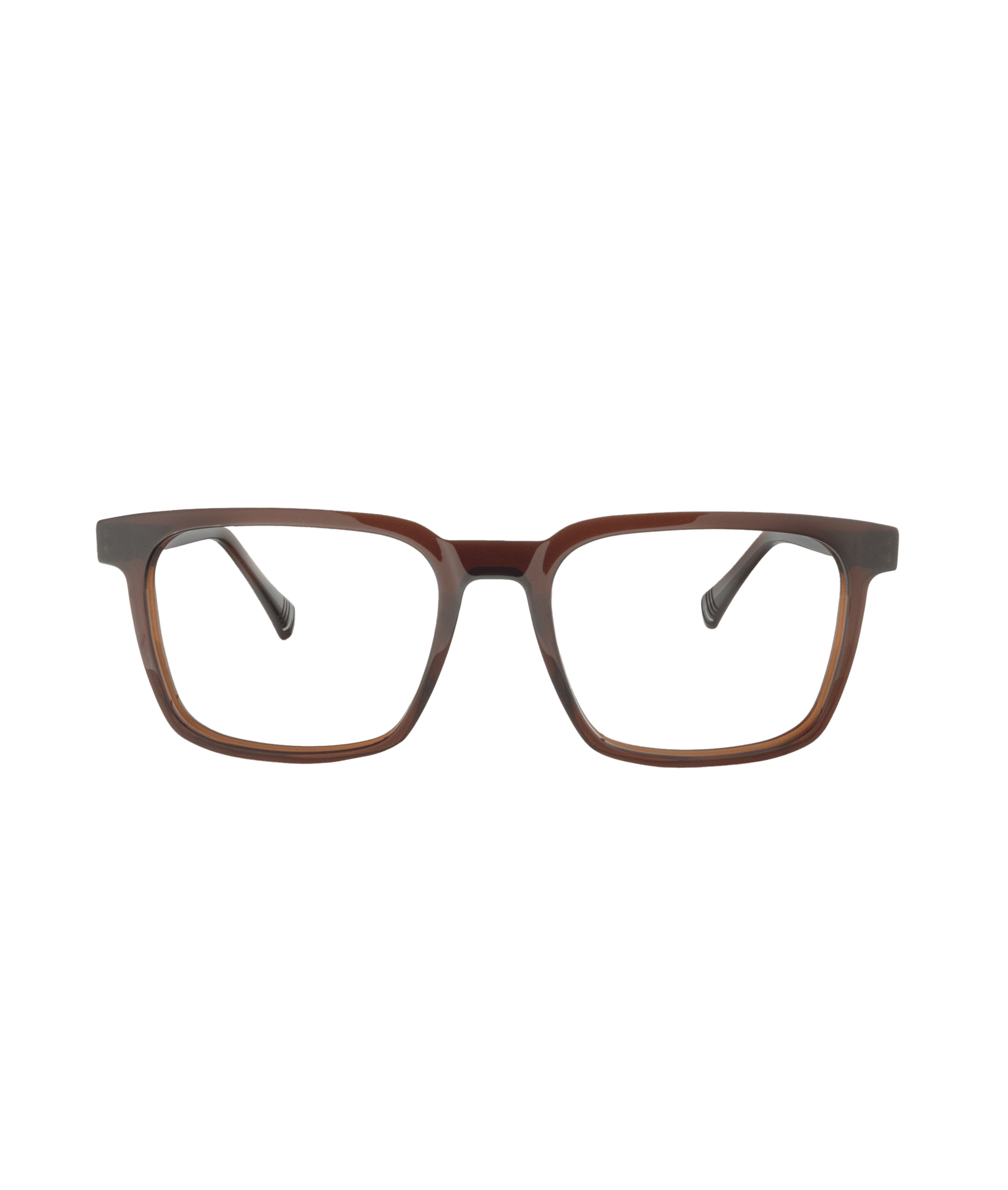A pair of brown rectangular eyeglasses with a slight curve at the bridge, shown against a plain white background.