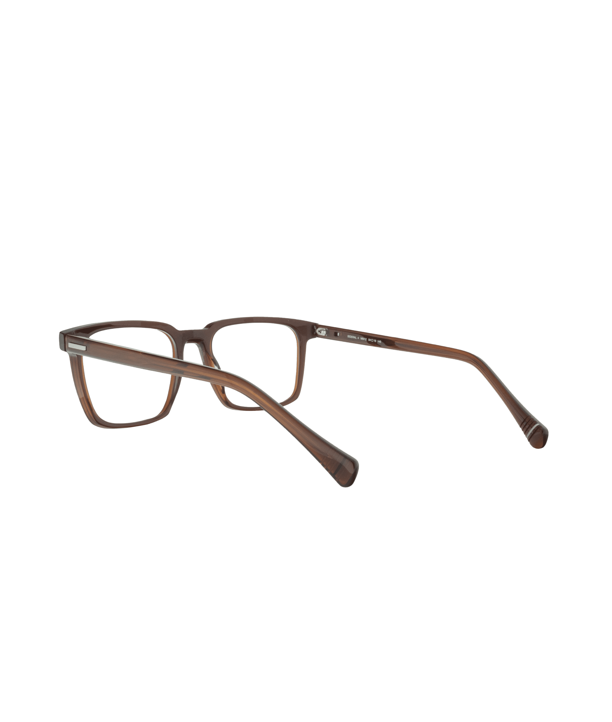 A pair of rectangular brown eyeglasses with thin frames, displayed on a white background, positioned with the arms open and viewed at an angle.