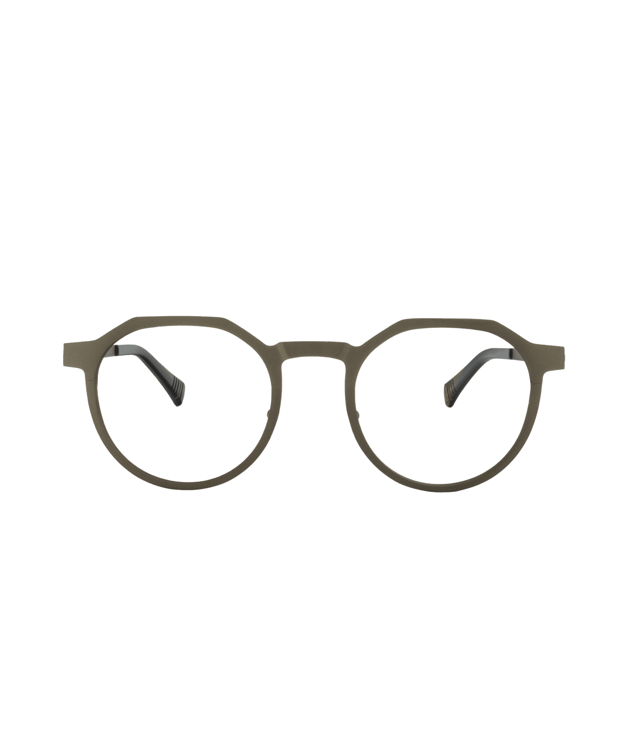 Round, matte olive green eyeglasses with thin frames and black temple tips, displayed on a white background.