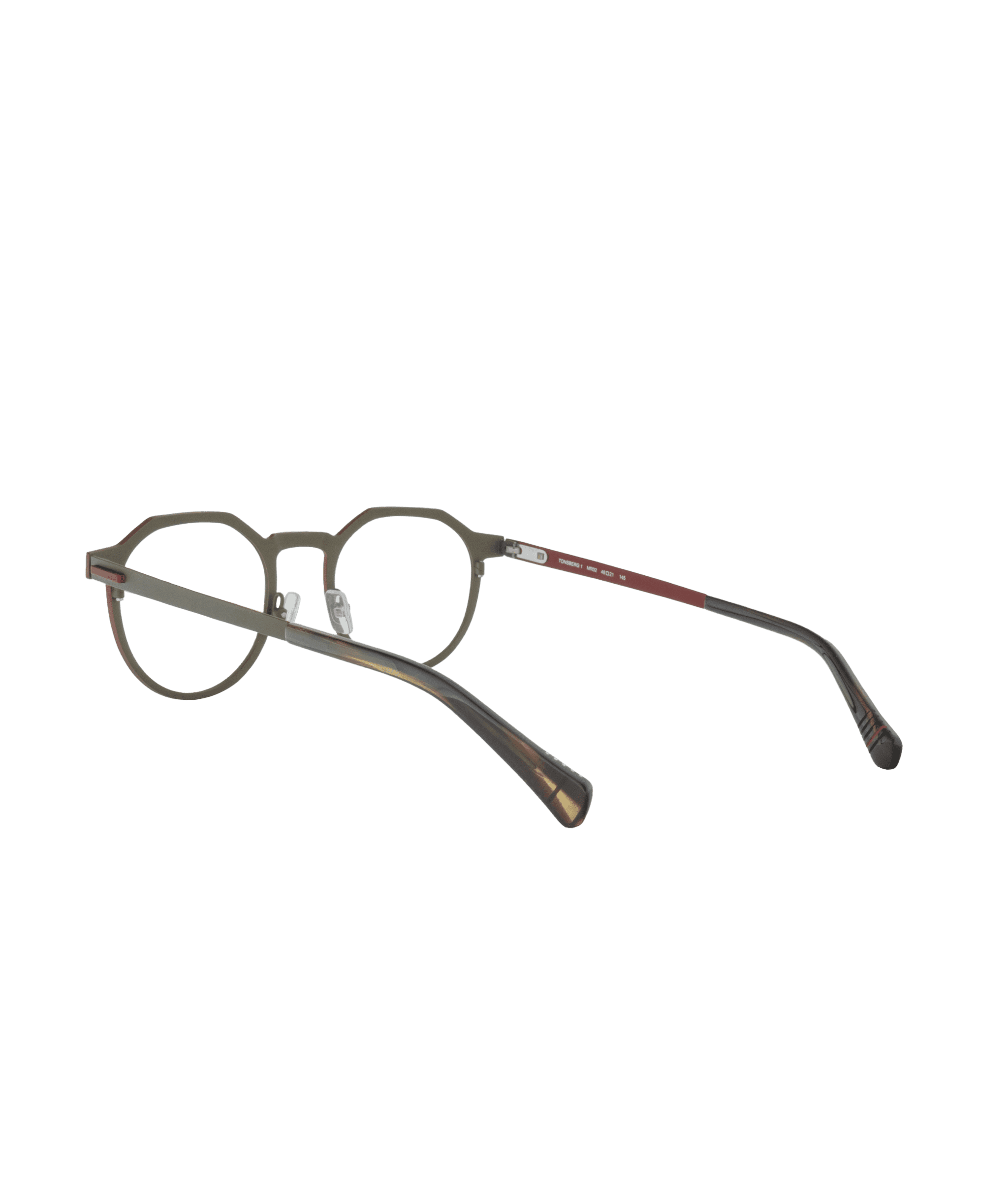 Olive green round eyeglasses with thin metal frames, red accents on the arms, and dark brown curved temple tips, displayed on a white background at an angled, rear-side view.