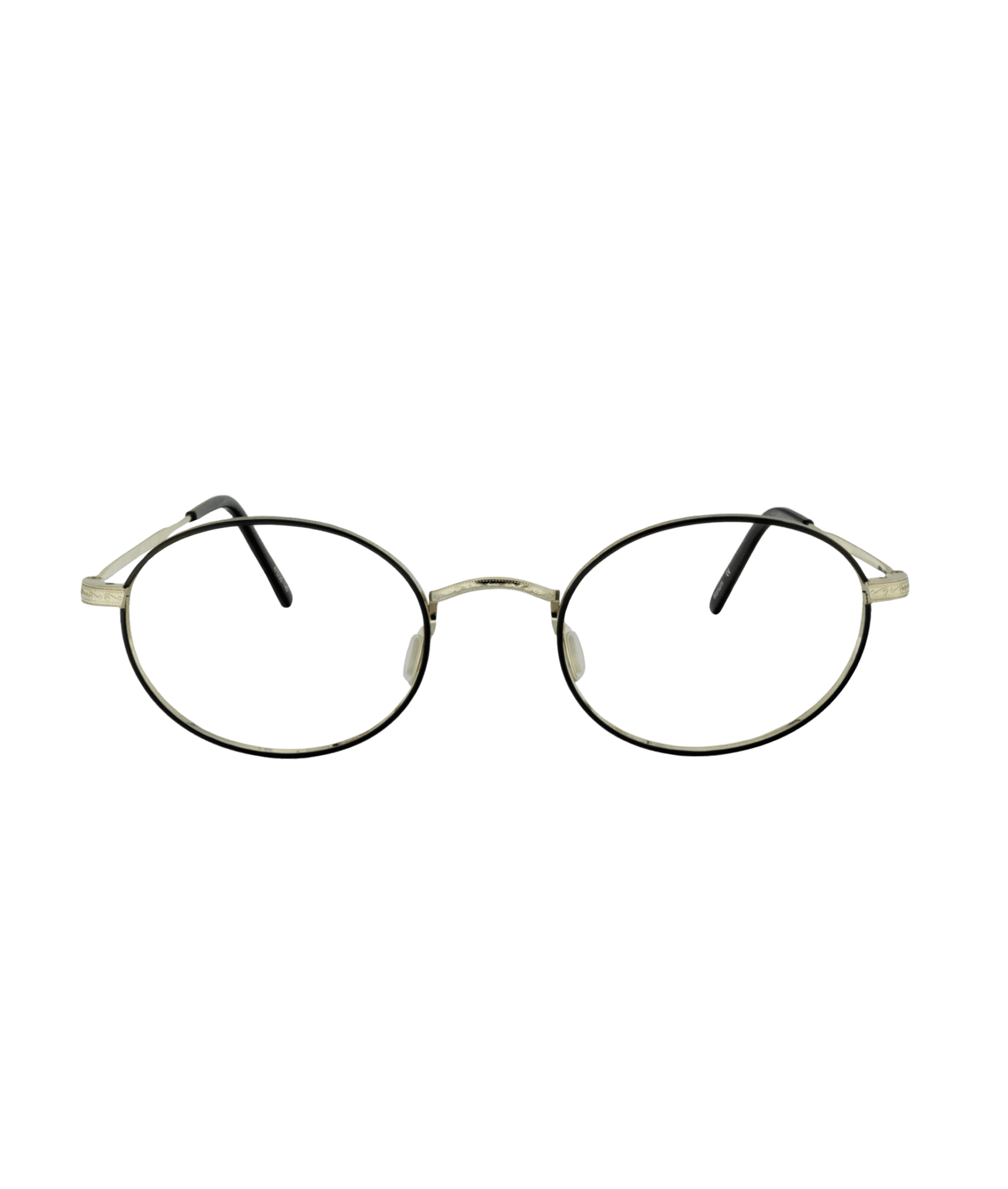 A pair of oval-shaped, thin metal eyeglasses with black temple tips, displayed on a plain white background.