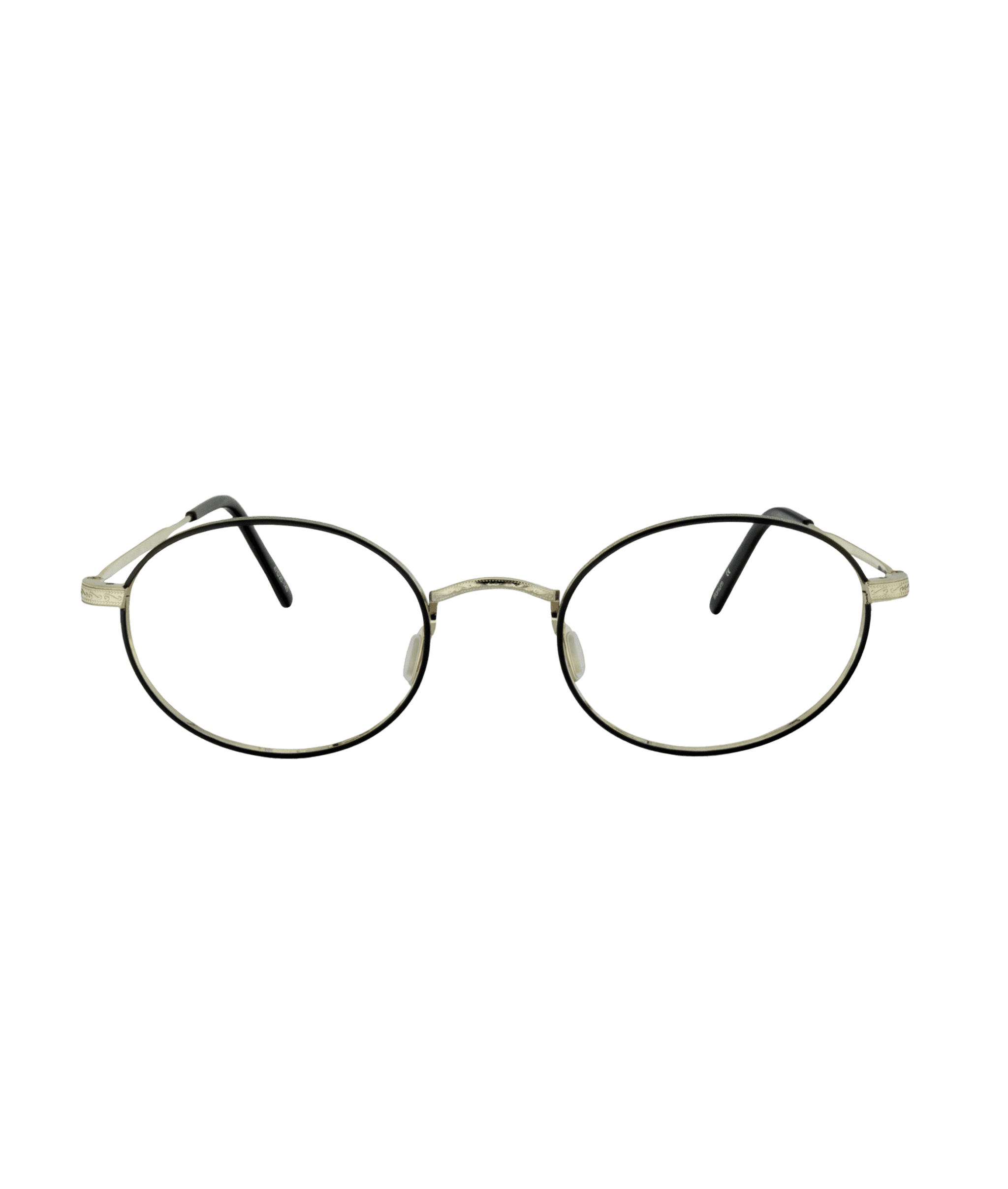 A pair of oval-shaped, thin metal eyeglasses with black temple tips, displayed on a plain white background.
