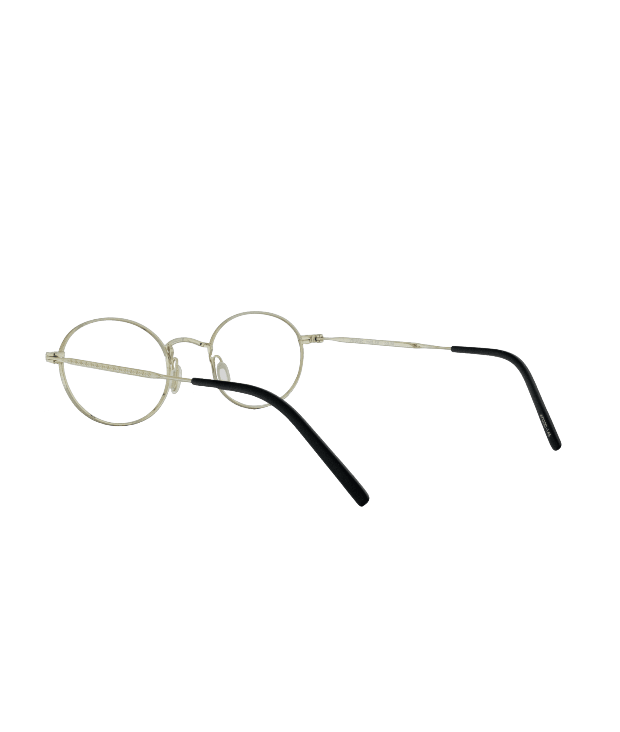 A pair of round, thin metallic eyeglasses with black temple tips, displayed on a white background.